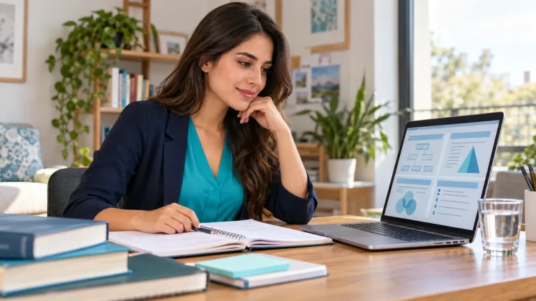 Estudiante revisando una guía digital en su computadora, junto a un cuaderno abierto y libros.