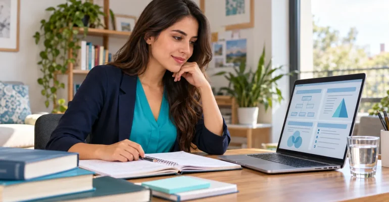 Estudiante revisando una guía digital en su computadora, junto a un cuaderno abierto y libros.