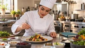 Chef con uniforme blanco emplatando vegetales con pinzas en una cocina profesional.