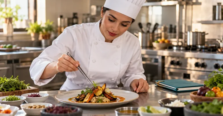 Chef con uniforme blanco emplatando vegetales con pinzas en una cocina profesional.