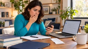 Estudiante preocupada revisando su teléfono y tomando notas junto a una computadora y un comprobante de compra.