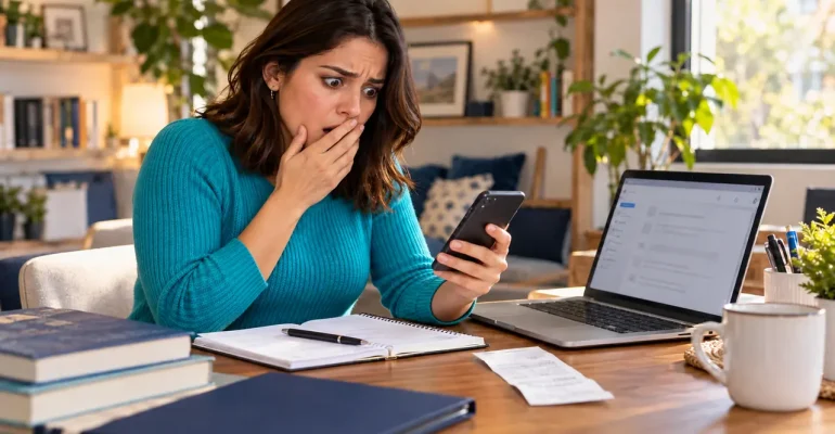 Estudiante preocupada revisando su teléfono y tomando notas junto a una computadora y un comprobante de compra.