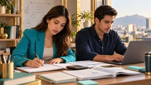 Mujer y hombre estudiando Administración con apuntes, calculadora y computadora, en un espacio con tonos dorados y turquesa.