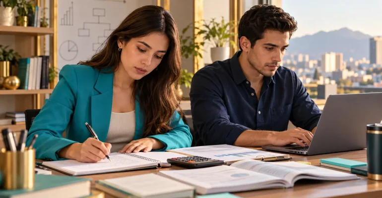 Mujer y hombre estudiando Administración con apuntes, calculadora y computadora, en un espacio con tonos dorados y turquesa.