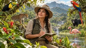 Bióloga con ropa de safari entre plantas, un tucán, una rana, un jaguar, un flamenco, un oso y una guacamaya.