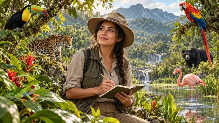 Bióloga con ropa de safari entre plantas, un tucán, una rana, un jaguar, un flamenco, un oso y una guacamaya.