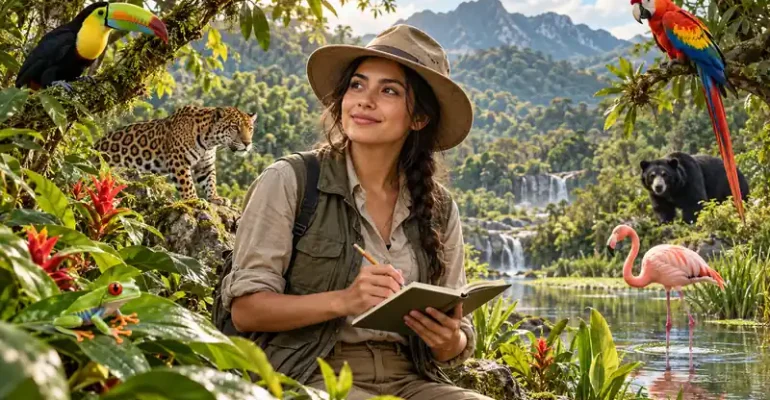 Bióloga con ropa de safari entre plantas, un tucán, una rana, un jaguar, un flamenco, un oso y una guacamaya.