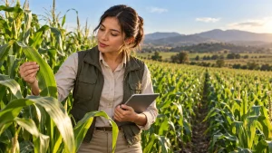 Agrónoma revisando una hoja de maíz en un campo de cultivo, con una tableta en la mano.