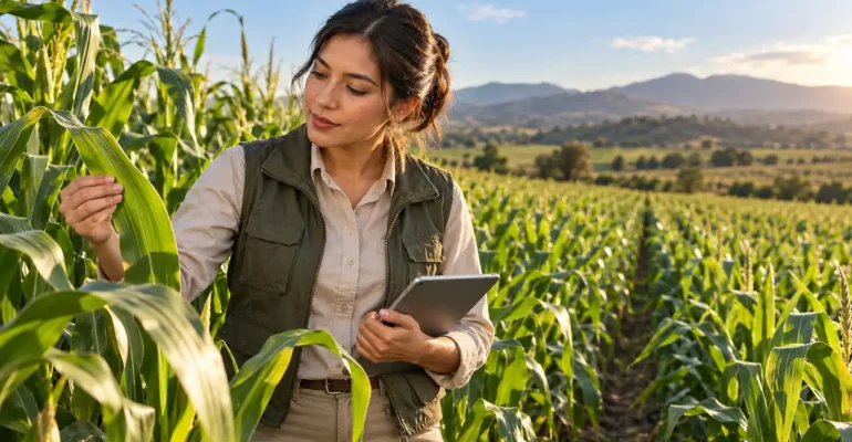 Agrónoma revisando una hoja de maíz en un campo de cultivo, con una tableta en la mano.