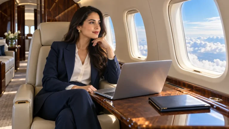 Mujer con traje elegante viajando en un avión privado, con una computadora portátil junto a la ventana.