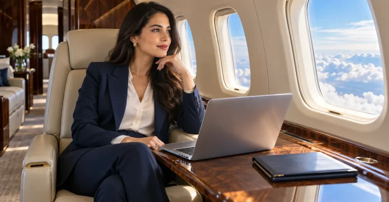Mujer con traje elegante viajando en un avión privado, con una computadora portátil junto a la ventana.