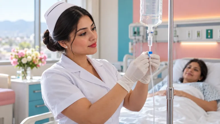 Enfermera con uniforme blanco y cofia ajustando un suero intravenoso, con una paciente en cama al fondo.