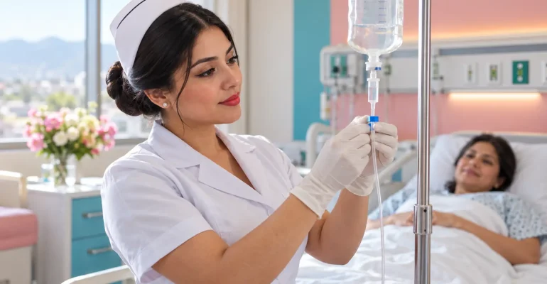 Enfermera con uniforme blanco y cofia ajustando un suero intravenoso, con una paciente en cama al fondo.