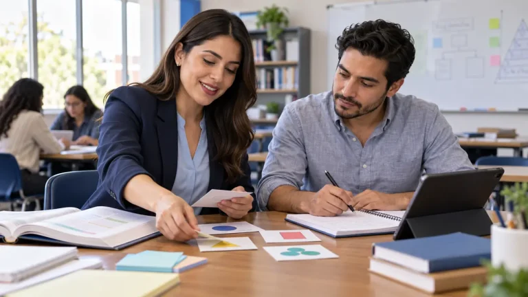 Dos profesionales de la educación preparando materiales didácticos y una planeación en un aula.