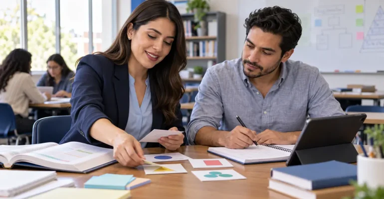Dos profesionales de la educación preparando materiales didácticos y una planeación en un aula.