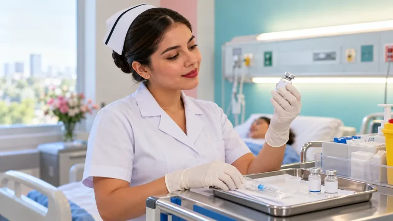 Enfermera revisando un suero intravenoso junto a un paciente en una habitación de hospital.