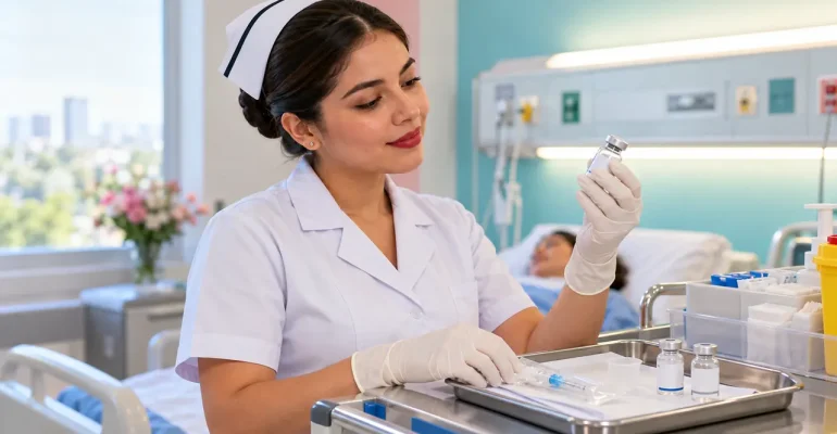 Enfermera revisando un suero intravenoso junto a un paciente en una habitación de hospital.