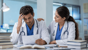 Médico revisando sus errores mientras una doctora lo apoya durante su preparación para el EGEL Plus Medicina General