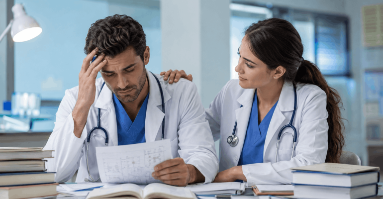 Médico revisando sus errores mientras una doctora lo apoya durante su preparación para el EGEL Plus Medicina General
