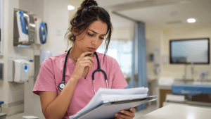 Doctora con uniforme quirúrgico rosa analizando un caso clínico para el EGEL Plus Medicina General