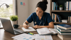 Estudiante de Medicina organizando su estrategia de estudio para el EGEL Plus Medicina General con apuntes y casos clínicos.