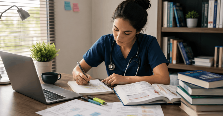 Estudiante de Medicina organizando su estrategia de estudio para el EGEL Plus Medicina General con apuntes y casos clínicos.