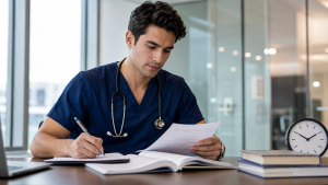 Médico revisando una evaluación y el tiempo para el EGEL Plus Medicina General