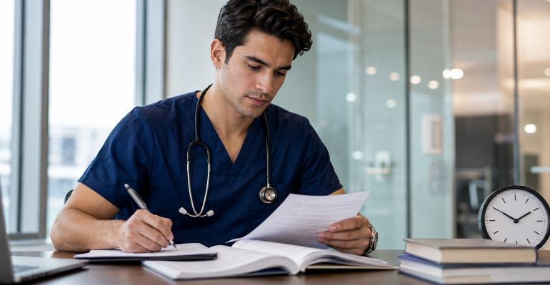 Médico revisando una evaluación y el tiempo para el EGEL Plus Medicina General