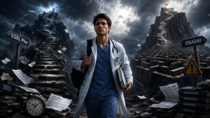 Médico enfrentando los desafíos del EGEL Plus Medicina y del ENARM durante su preparación profesional