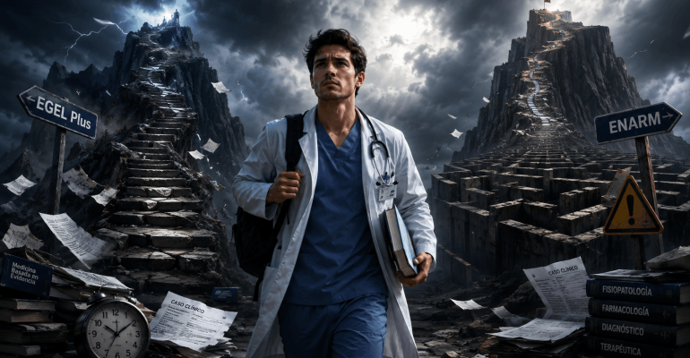 Médico enfrentando los desafíos del EGEL Plus Medicina y del ENARM durante su preparación profesional