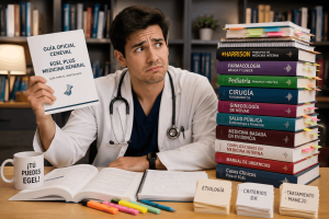 Médico comparando un documento oficial con libros y materiales para preparar el EGEL Plus Medicina