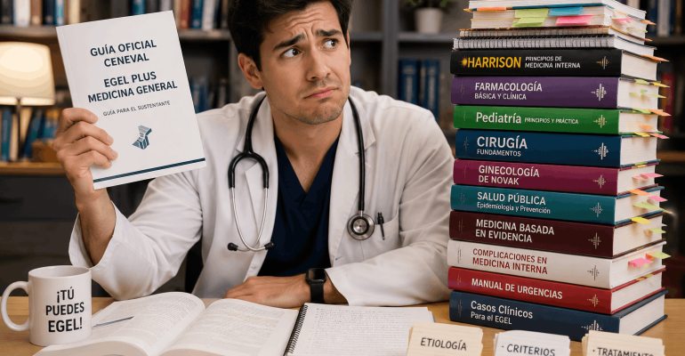 Médico comparando un documento oficial con libros y materiales para preparar el EGEL Plus Medicina