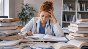 Una doctora angustiada estudiando para el egel plus de medicina general