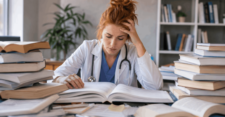 Una doctora angustiada estudiando para el egel plus de medicina general