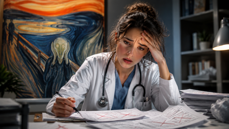 Doctora preocupada al revisar errores durante su preparación para el EGEL Plus Medicina General