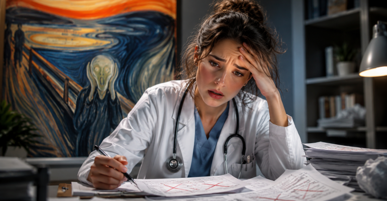 Doctora preocupada al revisar errores durante su preparación para el EGEL Plus Medicina General