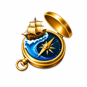 Ícono de PIXOGUÍAS® con brújula dorada y barco