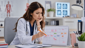 Doctora organizando un calendario de estudio de 8 semanas para el EGEL Plus Medicina General