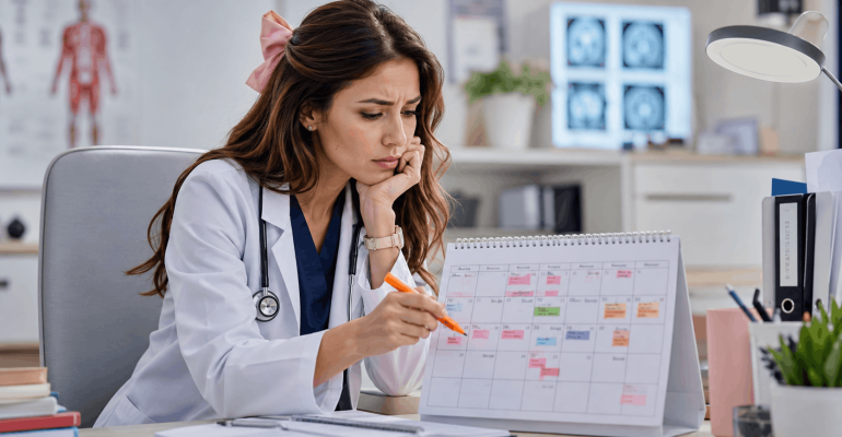 Doctora organizando un calendario de estudio de 8 semanas para el EGEL Plus Medicina General