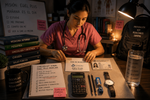 Doctora realizando su checklist de preparación final antes del EGEL Plus Medicina