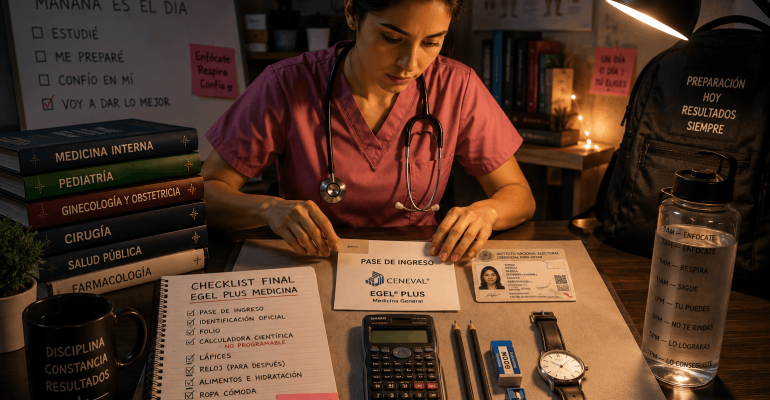 Doctora realizando su checklist de preparación final antes del EGEL Plus Medicina