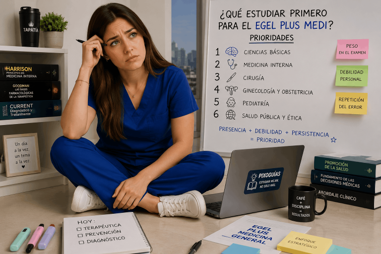 Doctora organizando sus prioridades de estudio para decidir qué estudiar primero en el EGEL Plus MEDI