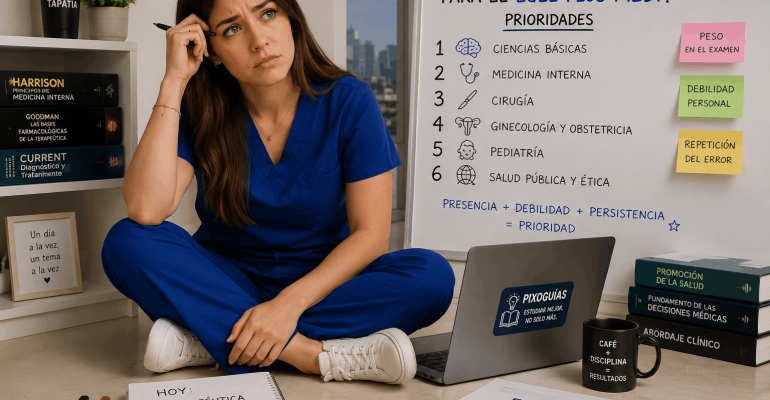 Doctora organizando sus prioridades de estudio para decidir qué estudiar primero en el EGEL Plus MEDI