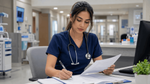 Doctora estudiando en un hospital para prepararse para el EGEL Plus Medicina General