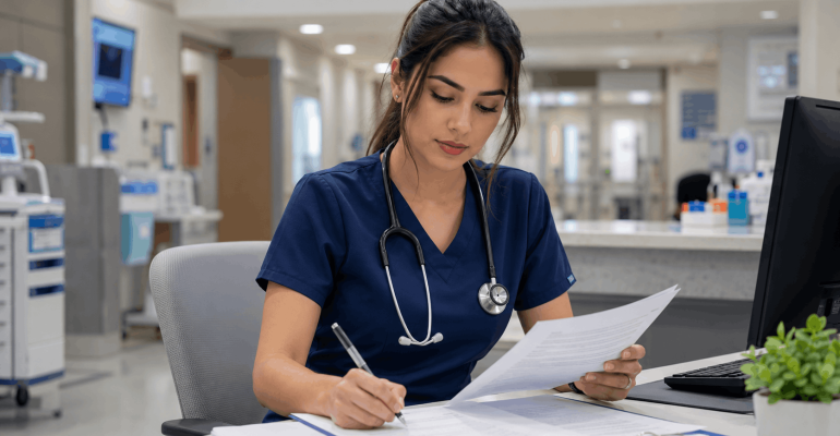 Doctora estudiando en un hospital para prepararse para el EGEL Plus Medicina General