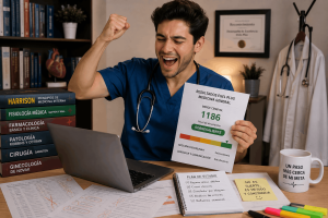 Médico celebrando después de consultar sus resultados del EGEL Plus Medicina