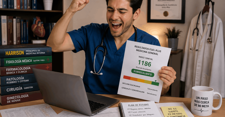 Médico celebrando después de consultar sus resultados del EGEL Plus Medicina