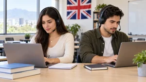 Mujer y hombre con audífonos estudiando en computadoras, con una bandera del Reino Unido al fondo.