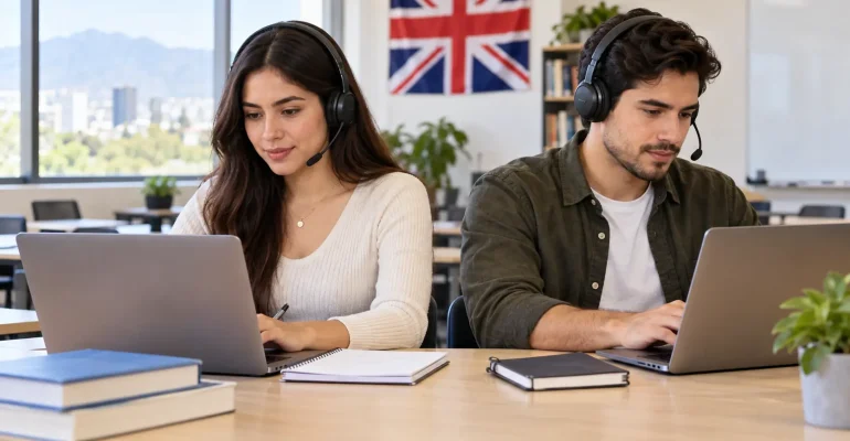 Mujer y hombre con audífonos estudiando en computadoras, con una bandera del Reino Unido al fondo.
