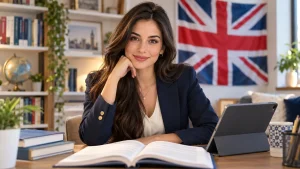 Profesora con libro y tableta frente a una bandera del Reino Unido, para la guía del EGAL de Enseñanza del Inglés.